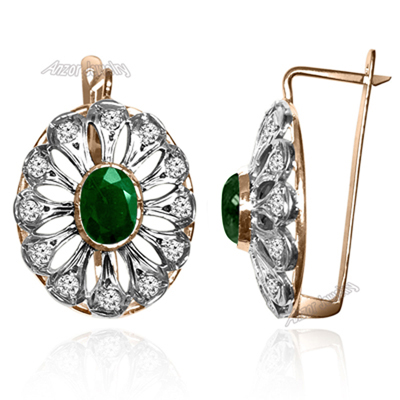 Russian Style Diamond Emerald Earrings 14k Gold