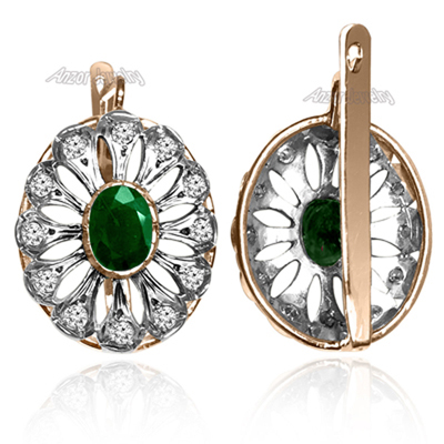 Russian Style Diamond Emerald Earrings 14k Gold