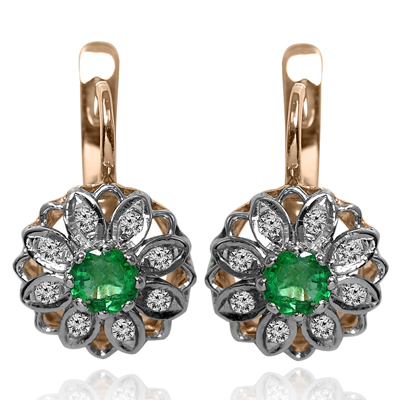 Russian style Diamond Emerald Earrings 14k Gold