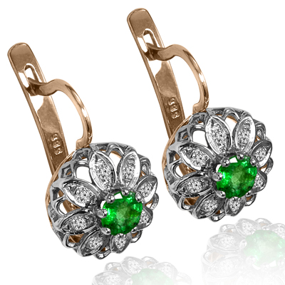 Russian style Diamond Emerald Earrings 14k Gold