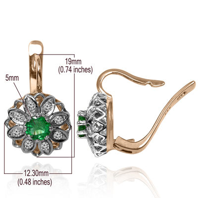Russian style Diamond Emerald Earrings 14k Gold