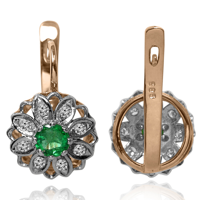 Russian style Diamond Emerald Earrings 14k Gold