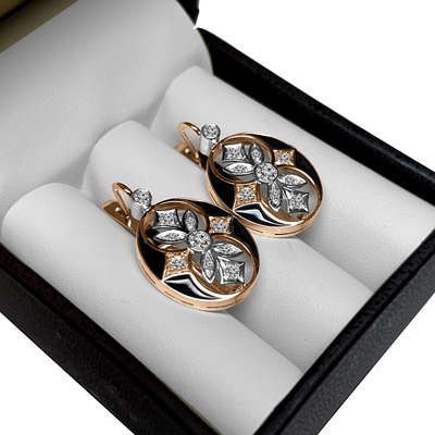 Russian Style Diamond Enamel Earrings 585 14K