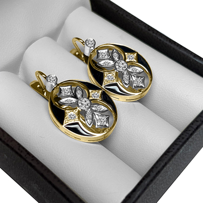 Russian Style Diamond Enamel Earrings 585 14K