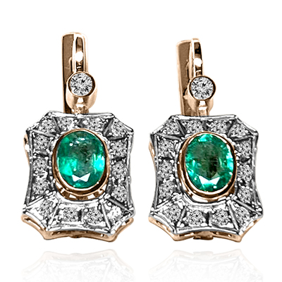 Russian stye Emerald Diamond Earrings 14K GOLD