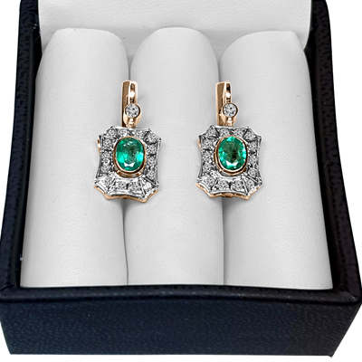 Russian stye Emerald Diamond Earrings 14K GOLD