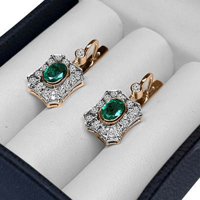 Russian stye Emerald Diamond Earrings 14K GOLD
