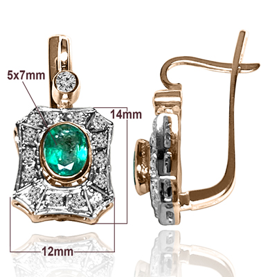 Russian stye Emerald Diamond Earrings 14K GOLD