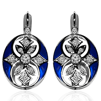 Russian Style Diamond BLUE Enamel Earrings 14K