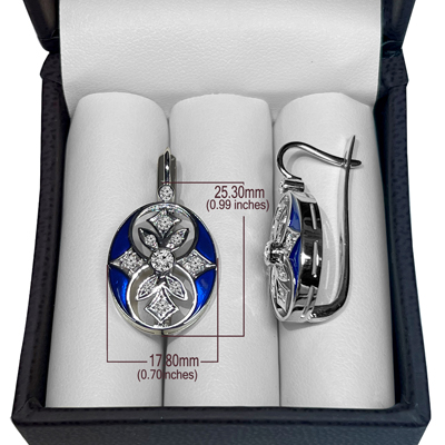 Russian Style Diamond BLUE Enamel Earrings 14K