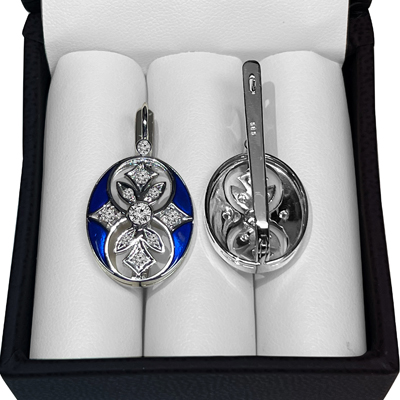 Russian Style Diamond BLUE Enamel Earrings 14K