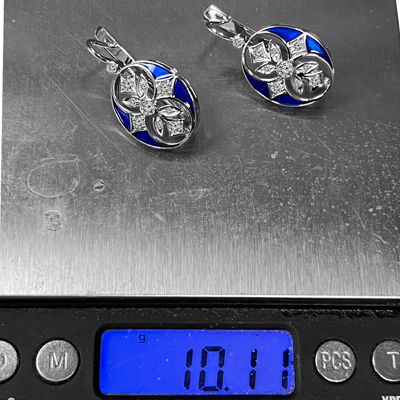 Russian Style Diamond BLUE Enamel Earrings 14K