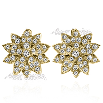 14k Yellow Gold Diamond Flower Earrings