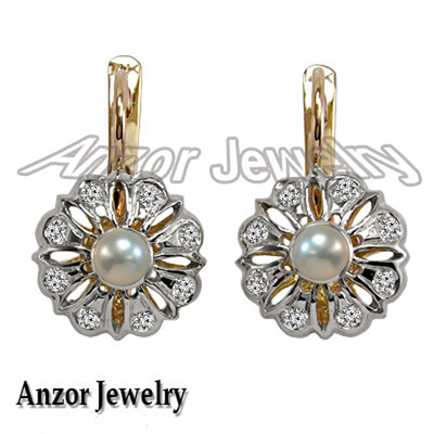 14k Gold Diamond and Pearl Earrings Russian style