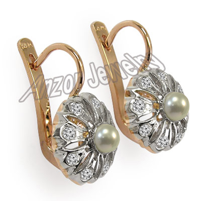 14k Gold Diamond and Pearl Earrings Russian style