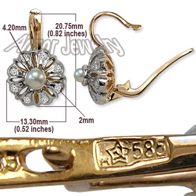 14k Gold Diamond and Pearl Earrings Russian style