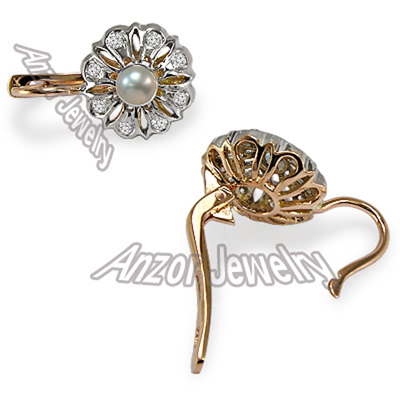 14k Gold Diamond and Pearl Earrings Russian style