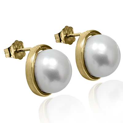 14k Gold Genuine Pearl Button Earrings