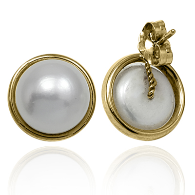 14k Gold Genuine Pearl Button Earrings