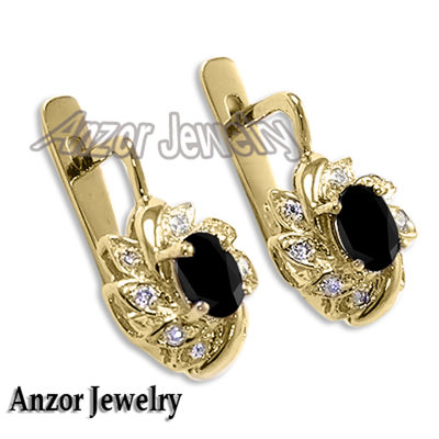 14k Gold Black Sapphire Russian syle Earrings