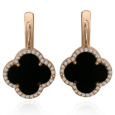 14k Gold Diamond Black Onyx Leaf Clover Earrings