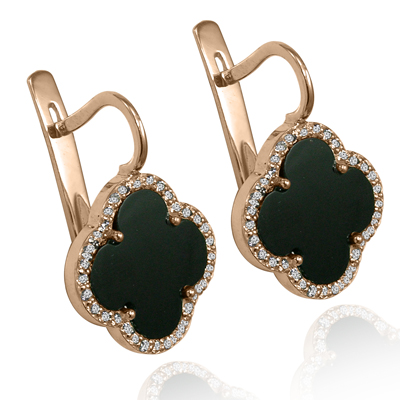 14k Gold Diamond Black Onyx Leaf Clover Earrings