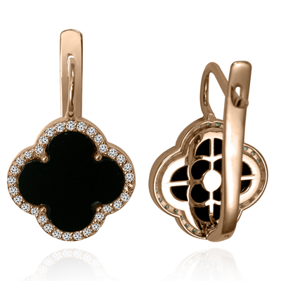 14k Gold Diamond Black Onyx Leaf Clover Earrings