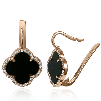 14k Gold Diamond Black Onyx Leaf Clover Earrings