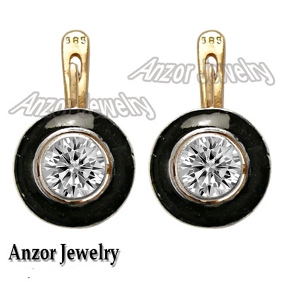 14k Gold Lab Created Diamond Enamel Earrings