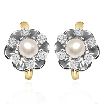 14k Gold Diamond Pearl Russian style Earring