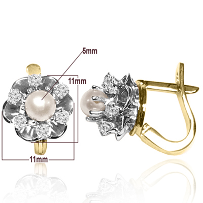 14k Gold Diamond Pearl Russian style Earring