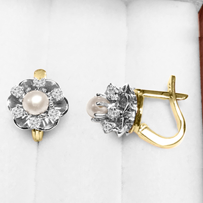 14k Gold Diamond Pearl Russian style Earring
