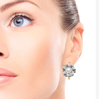 14k Gold Diamond Pearl Russian style Earring