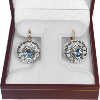 Russian Style Diamond & Aquamarine Earrings 585