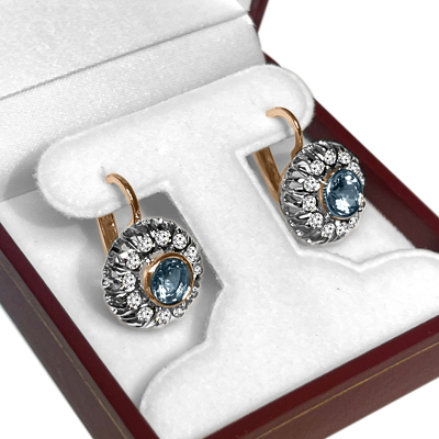 Russian Style Diamond & Aquamarine Earrings 585