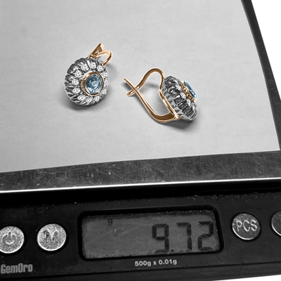 Russian Style Diamond & Aquamarine Earrings 585