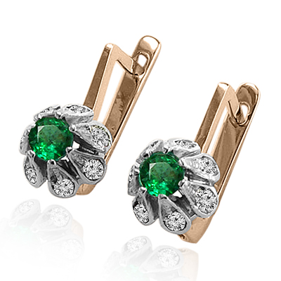 14k gold Emerald Diamond Russian style Earrings