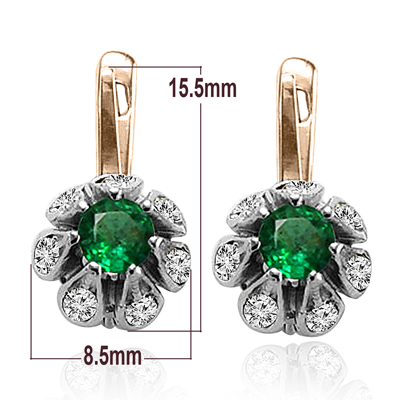 14k gold Emerald Diamond Russian style Earrings