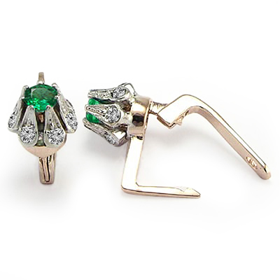 14k gold Emerald Diamond Russian style Earrings