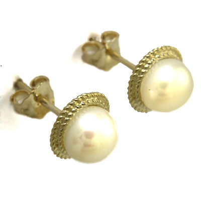 Gorgeus 14K Gold Genuine White Pearl Earrings 6mm