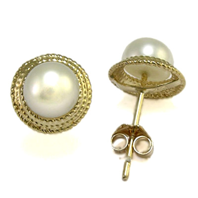 Gorgeus 14K Gold Genuine White Pearl Earrings 6MM