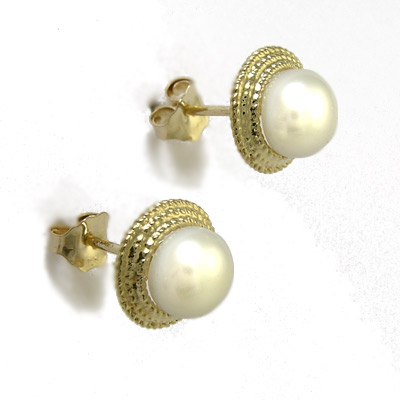 Gorgeus 14K Gold Genuine White Pearl Earrings 6MM