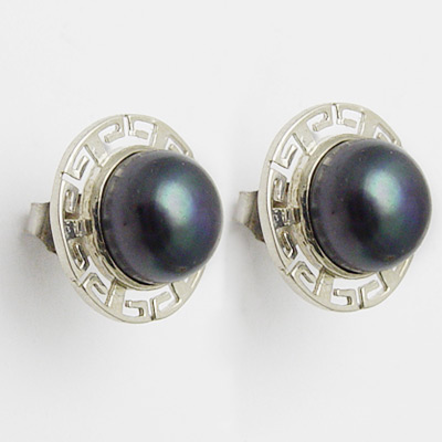 Greek Key Black Pearl Earrings 14k