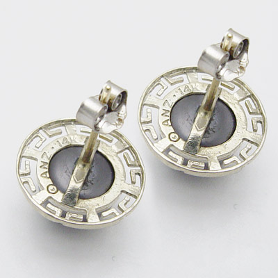 Greek Key Black Pearl Earrings 14k