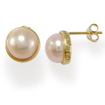 14K Gold Genuine Pink Pearl Earrings 8MM