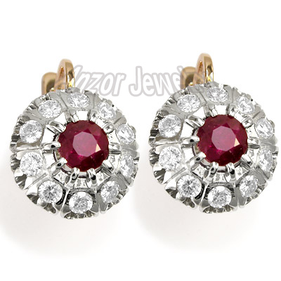 Ruby & White Sapphire Russian Style Earrings 14K