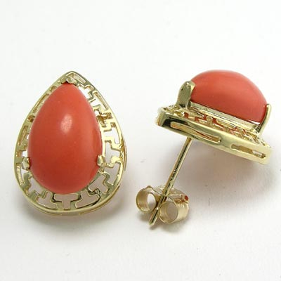 14k yellow Gold Coral Greek Key Earrings