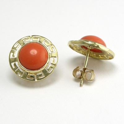 14k Gold Coral Greek Key Earrings