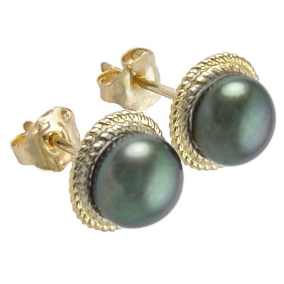14k Gold and 6mm Genuine Black Pearl Earrings