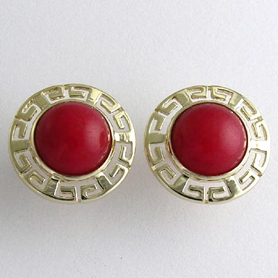14k solid Gold Red Jade Greek Key Earrings